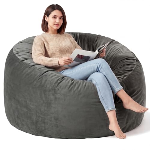 Yagamo 5FT Bean Bag Chair for Adults/Kids, Large Bean Bag with Filling, Memory Foam Bean Bags with Ultra Soft Washable Velvet Cover, Plush Sofa for Living Room, Bedroom and Gaming Room -5 Foot, Grey