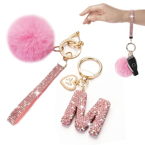 Key Chains Women Cute, Initial Letter Keychain Bling Rhinestone Sparkly Bag Backpack Purse Charms Cute Car Pom Pom Girl Girly Wristlet Keychain Accessories (M keychain pink)