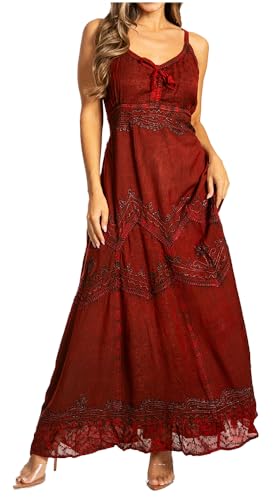Image of Sakkas Stonewashed Rayon Embroidered Adjustable Spaghetti Straps Long Dress