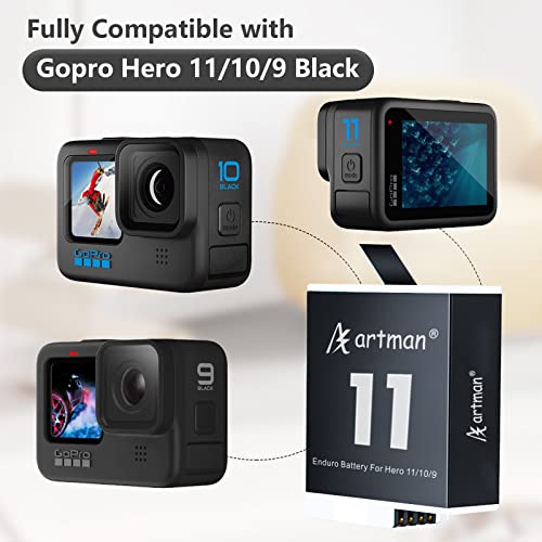 Artman Enduro Battery 1800mAh 2-Pack and 3-Channel Intelligent OLED Color Display USB Charger for Gopro Hero 11 Black, Hero 10 Black, Hero 9 Black (Fully Compatible with Gopro Hero 11/10/9 Battery) - Thumbnail 2