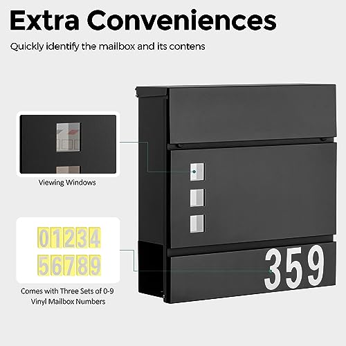 LAND·VOI Lockable Mailbox with 4 Keys, Large Capacity Wall-Mounted Post Letter Box with Newspaper Holder, Easy to Install, Includes Vinyl Mailbox Numbers, 4.13 x 14.56 x 10.6 Inches Matt Black - Thumbnail 4