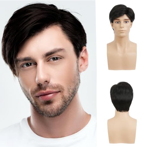 Amnenl Black Short Wig for Men Side Part Straight Natural