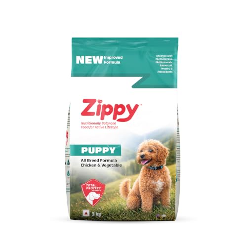 Image of Zippy Puppy Dry Dog Food - 10 Kg, Real Chicken & Vegetables, Nutritionally Balanced Dog Food for All Breeds, with Vitamins, Minerals, Probiotics & Salmon Oil