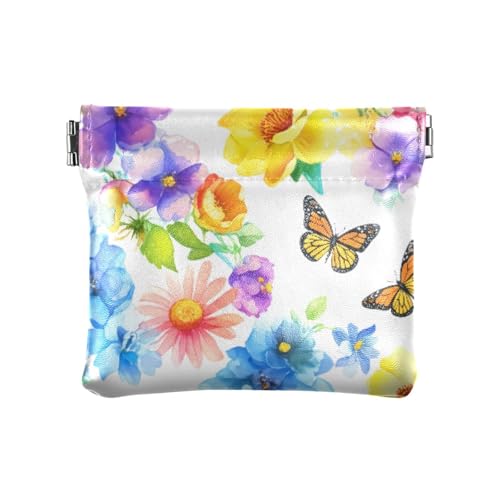 Watercolor Wildflowers Butterflies Coin Purse Leather Pouch Change Purse, Squeeze Coin Pouch for Cards, Keys & Lipsticks, Unisex - Main Image