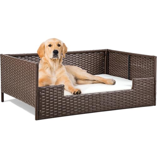 YITAHOME Rattan Dog Sofa Bed with Cushion,Wicker Pet Bed Sofa Couch Indoor Outdoor Waterproof for...