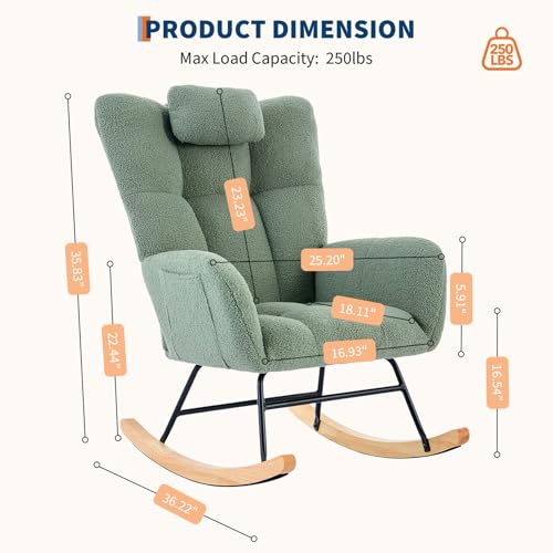 Image of Teddy Upholstered Rocking Chair for Nursery, Fluffy Glider Rocker for Adults - Ideal for Small Spaces, Perfect Nursing Chair for Living Room, Bedroom, Green