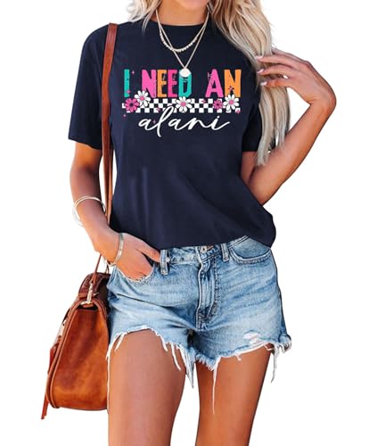 SAUIVD I Needs an Alani Shirts for Women Funny Checkerboard Daisies Shirt Caffeines Lover Shirt Short Sleeve Casual Tee Dark Blue