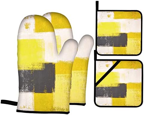 Yellow Black Grey Oven Mitts and Pot Holders Sets of 4 Modern Abstract Art White Pink Oven Mitts Oven Gloves Pot Holders and Oven Mitts for Kitchen Baking Cooking Grilling (Yellow)