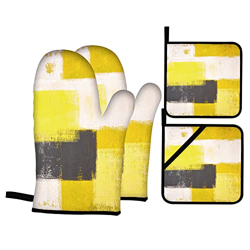 Yellow Black Grey Oven Mitts And Pot Holders Sets Of 4 Modern Abstract Art White Pink Oven Mitts Oven Gloves Pot Holders And Oven Mitts For Kitchen Baking Cooking Grilling (Yellow) #TOP6