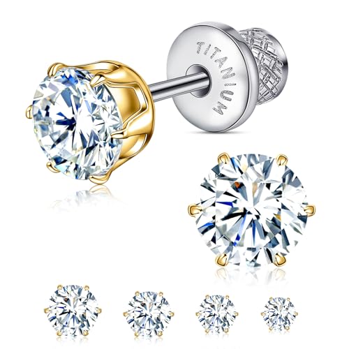 Limerencia Titanium Hypoallergenic Flat Back Earrings 6 Prong White CZ Screw Back Studs | Implant Grade Titanium for Sensitive Ears | Nickel-Free Pain-Free Sleep & Shower Wear | Stylish Gift for Women and Men