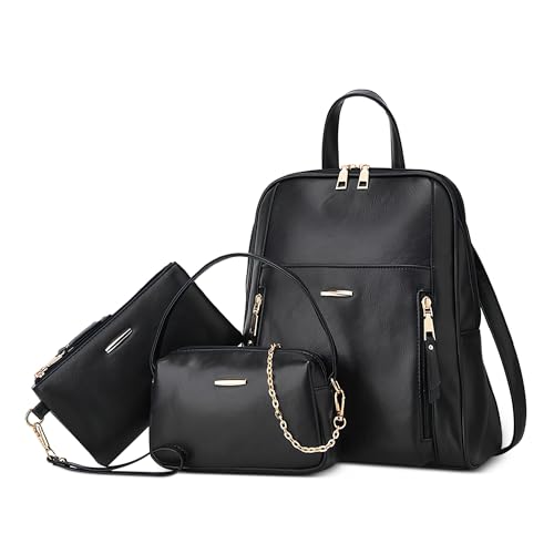 Moda Zaino da Donna Set 3 Pezzi con Borsa a Tracolla Borsetta Antifurto Zainetto Leggero per Viaggio Scuola Lavoro Datazione Studentessa Universitaria Impermeabile PU Pelle Nero