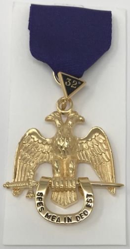 Scottish Rite 32nd Degree Wings Down Jewel in Gold Tone with Purple Ribbon