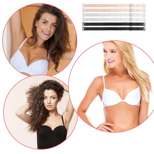 Matwsec 6 Pcs Women\'s Non-Slip Bra Strap Extender, Elastic Bra Strap Holders for Slipping, Replacement Adjustable Bra Strap Clips for Racerback Conceal Straps, Black, White, Skin Color (1.2cm Wide)