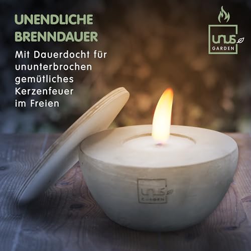UNUS Beton- Feuer Outdoor Beton Kerze, 100g Nachfüllwachs, Löschbrett und Löffel zum Nachfüllen, Tischkamin mit Dauerdocht, Tischfeuer Recycling Kerzenwachs-2
