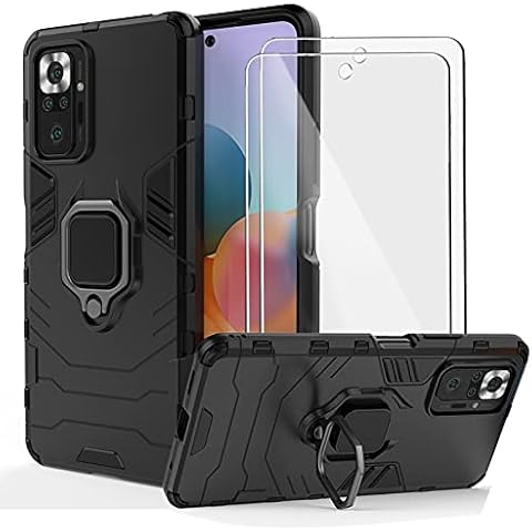 BestShare For Xiaomi Redmi Note 10 Pro Case with Tempered Glass Screen Protector (2 packs), Heavy Duty Armor Defender Anti-Scratch Kickstand Shockproof Cover & Ring Grip, Black Cover