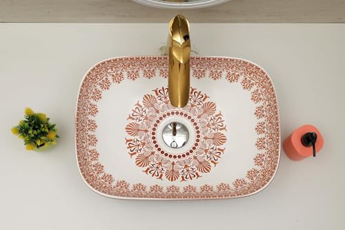 Image of Archstone Wash Basin for Bathroom-1 Year Warranty- Tabletop Washbasin - Ceramic Glossy Rectangle Designer Moroccan Countertop Vessel Sink, Dining Hall & Vanity 33x45x14.5 cm (Maroon Moroccan)