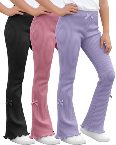 Mumucove 3 Pack Girls Flare Leggings Ribbed Ruffle Kids Flare Pants with Bow High Waisted Slim Teen Trendy Cute Bell Bottoms(11-12 Years Black Dusty Rose Purple)