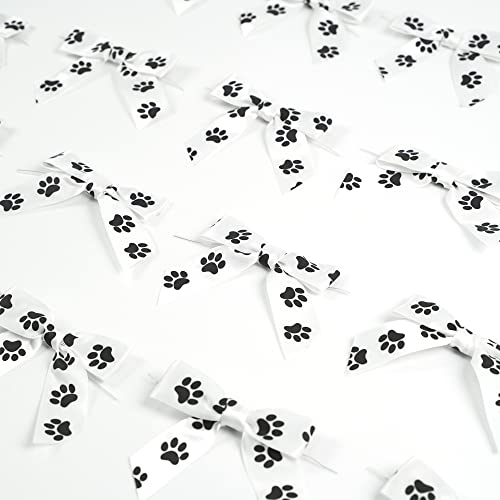 Aimudi Paw Ribbon Bows 3.5" Satin Twist Tie Bows For Treat Bags Premade White Bows With Black Paw Print For Gift Wrapping Pre-Tied Mini Bows For Crafts, Puppy Birthday Party Decorations - 50 Counts #TOP5