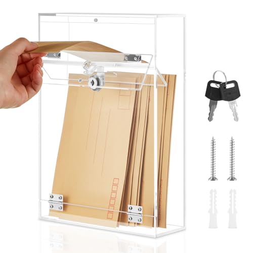 Leinuosen Large Acrylic Locking Wall Mount Mailbox 8.54 x 3 x 12.2 Inches Lock Box with Slot and Magnetic Closure Clear Security Drop Box with Key for House Outside Office School