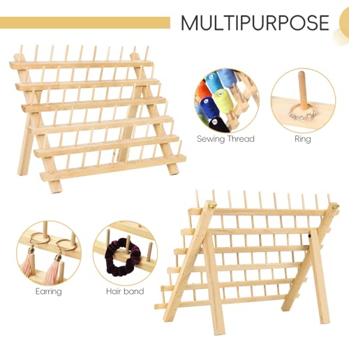 60 Spools Thread Holder Organizer with Hanging Hooks, Wall Mounted Thread Rack, Wooden Thread Holder for Wall, Sewing Organization for Embroidery Quilting, Hair Stand Durable Hair Braiding-Smooth Wood