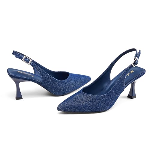 Image of Elisabet Tang Women's Kitten Heel Slingback Low Pumps 3 Inches Stiletto Pointed Closed Toe Elegant Dressy Bridal Wedding Party Shoes