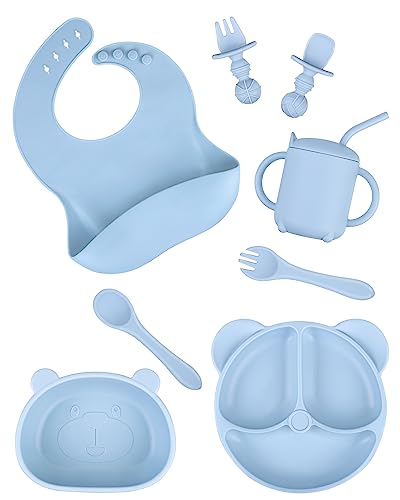 Image of OFUN 8 Pack Silicone Toddler Feeding Set, Baby Led Weaning Supplies with Adjustable Bib, Divided Suction Plate, Bowl and a Sippy Cup, with 2 Spoon, 2 Folk, Eating Utensil for 6+ Months, Blue