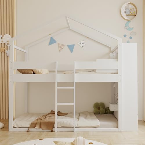 Litera Blanca De Madera 90x200 cm, Literas con Estantes Integrados, Almacenaje En Cabeceros, Cama Alta con Barandilla Y Diseño Funcional, para Dormitorio Juvenil Completo