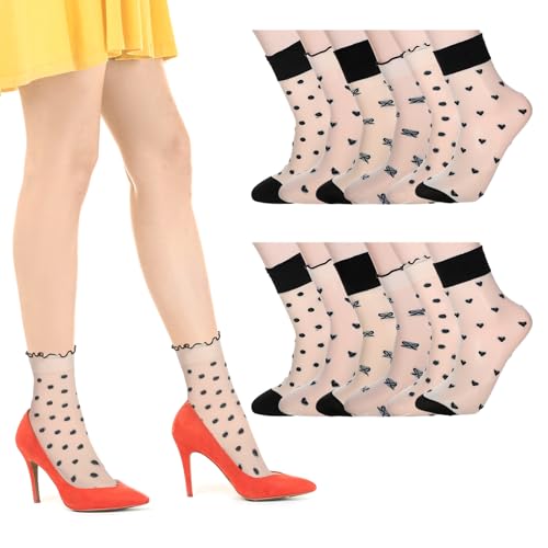 Image of Ouligay 6 Pairs Sheer Ankle Socks Women Transparent Fishnet Socks Cute Frilly Mesh Socks Women Sheer Ruffle Socks, Breathable Spring Summer Short Socks (Hearts, Stripes, Plaid)
