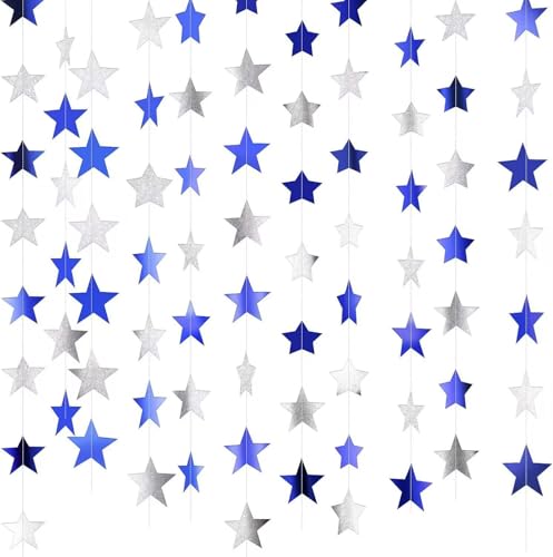 Image of Blue Silver Glitter Star Garland Hanging Decorations, Streamer Bunting Banner Decorations,65 Feet, Twinkle Star Backdrop for Graduation, Birthday, Wedding, Christmas Party, New Year(Blue Silver)