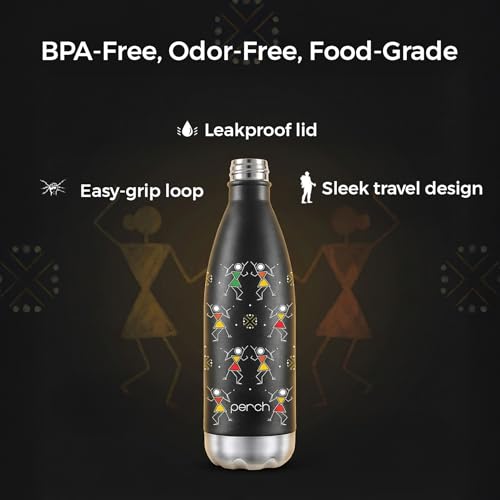 Image of Perch Retro Stainless Steel Water Bottle 980 ml | Hot & Cold Flask | Vacuum Insulated | ISI Certified | Leak Proof | BPA Free | for Office, School, Gym, Home & Travel | Warli Art | Crafted by Pexpo