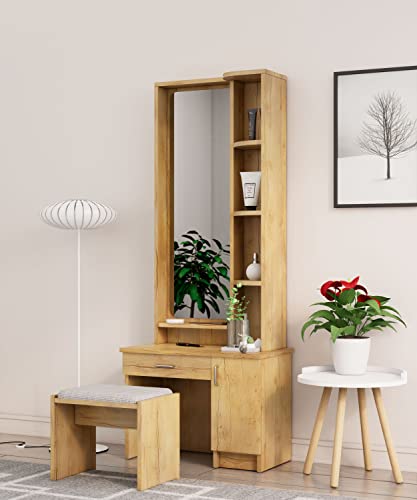Image of Bniture Wooden Dressing Table For Bedroom With 1 Drawer, Mirror And Huge Storage Space With Stool | Long Dresser Vanity Table With Mirror(40D X 68W X 175H Cm) (Giant Wood), White