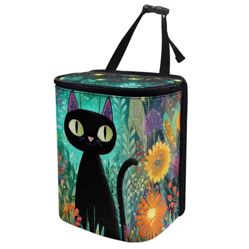 Image of Talayituse Teal Cat Flower Print Car Trash Bin, Large Size Auto Trash Can Adjustable Portable Garbage Can with Lid, Vehicle Hanging Bag for Headrest Front Back Seat