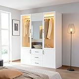 【Design moderne et élégant】Armoire blanche chambre 2 portes avec miroir, grandes portes en verre et poignées noires caractérisent le design minimaliste. Le miroir intégré facilite la préparation quotidienne et réfléchit la lumière pour agrandir visuellement l’espace. Grâce à son design sobre, l'armoire à portes pivotantes peut être utilisée dans des intérieurs modernes, minimalistes ou classiques.