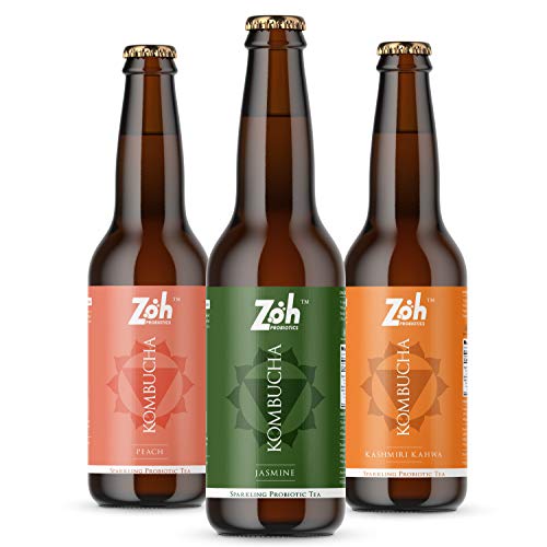 Image of Zoh Probiotics Kombucha-(Pack Of 3) Jasmine,Peach&Kashmiri Kahwa. Low Sugar,Vegan,Gluten Free With Gut Healing Active Cultures.,330 Milligrams, Green Tea