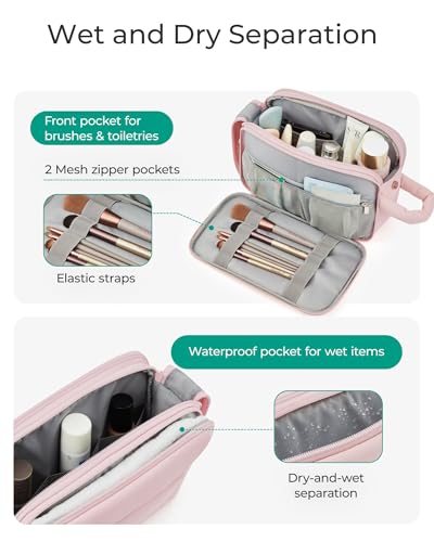 BAGSMART Travel Toiletry Bag for Women, Puffy Cosmetic Makeup Bag Organizer, Large Wide-open Travel Organizer for Toiletries, Dopp Kit Water-resistant Makeup Case for Accessories-Camel3