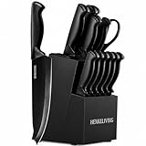 HENKELIVING Knife Set, 14-Piece Black Dishwasher Safe Kitchen Knife Block Set with Built-In Sharpener, German High Carbon Stainless Steel Blades, Ultra Sharp Knives with Ergonomic Non-Slip Handles