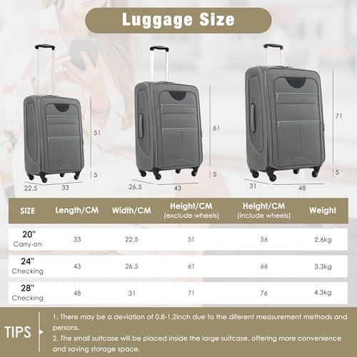 Softside Luggage Grey Expandable 3 Piece Set Suitcase with Duffel Bag Upright Spinner Softshell Lightweight Luggage Travel Set3