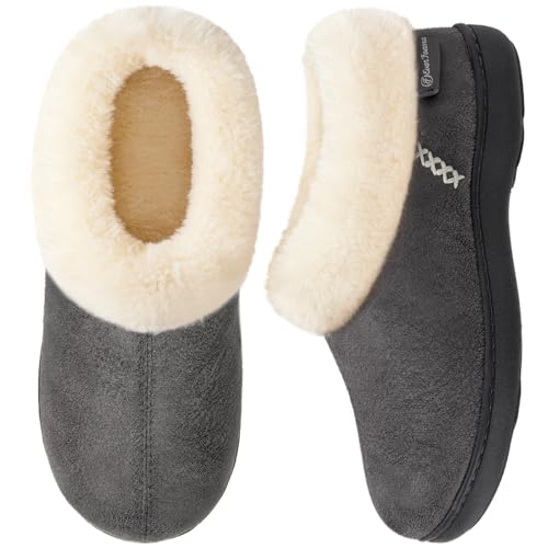 EverFoams Women's Microsuede Fuzzy Plush Lined Slippers with Cozy Memory Foam Dark Grey,Size 7-8 UK