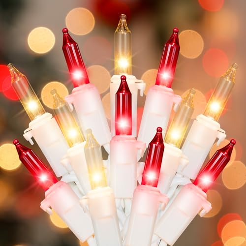 Hopolon Red and Clear Christmas Light 2PACK Total 100Count 26FT White Wire