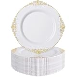Nervure 100PCS White and Gold Plastic Plates - 10.25Inch Gold Disposable Plates - Heavyweight Dinner Plates for Wedding & Party & Independence Day
