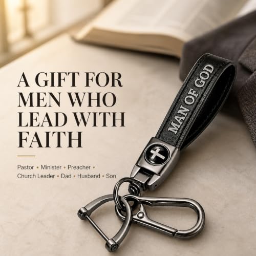 Image of Christian Cross Leather Keychain for Men - Christian Gift for Dad Husband Son
