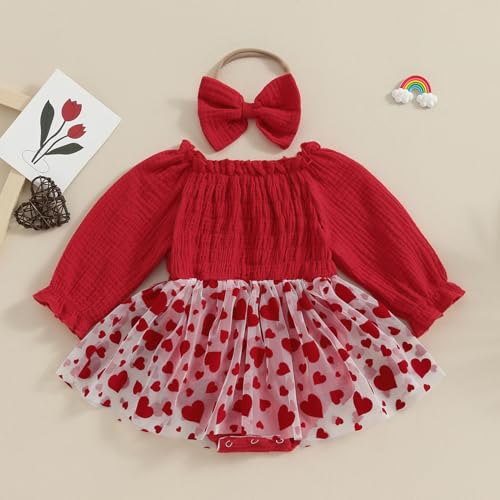 Baby Girl Bubble Romper Dress Mesh Puff Sleeve Red Heart Print Skirted Onesie Tutu Bodysuit Headband Party Clothes2