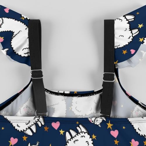 Image of Girls One Piece Swimsuit Cute Alpacas Hearts Stars Ruffles Swimwear Bathing Suits 3-12 Years