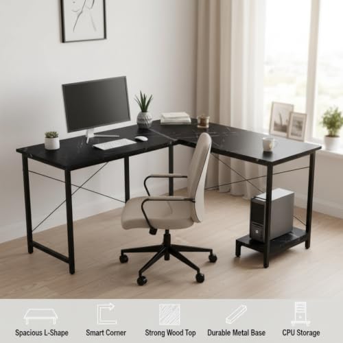 Image of RIZIK Store L-Shaped Computer Desk | 50-Inch Corner Gaming & Study Table with Engineered Wood Top, Metal Frame & CPU Shelf | Writing Workstation for Bedroom, Office & Small Rooms (Black)