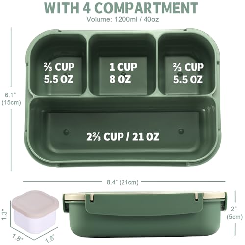 Bento Box Adult Lunch Box, Lunch Containers for Kids Girls Boys with 4 Compartments, Lunchable Food Container with Utensils, Sauce Jar, Muffin Liners, 40 Oz/5 Cup, Microwave & Dishwasher Safe, Green