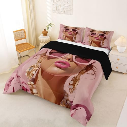 Image of Erosebridal Pink Black Girls King Comforter Set Luxury African American Bedding Set for Girls Women Modern Fashion Woman Room Decor Afro Black Woman Duvet Insert (1 Comforter, 2 Pillowcases)