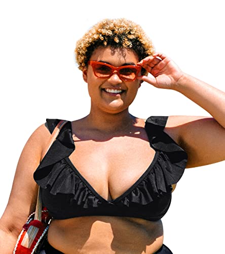CUPSHE Women's Ruffled Plus Size Bikini Top Black Adjustable Straps Bathing Suit, 1X