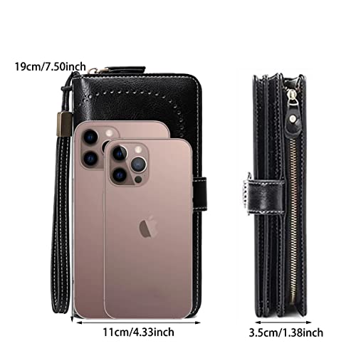 Image of Women Leather Wallet Crossbody Shoulder Bag with Double Zipper and Mobile Phone Purse with Shoulder Strap