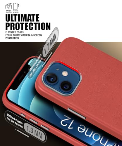 Image of WOW IMAGINE Back Cover for iPhone 12 | Shockproof Tough Leather Texture Hard Mobile Case | Ultra Slim Non-Slip Grip | Inner Velvet Fabric | Metal Camera Ring - Crimson Red