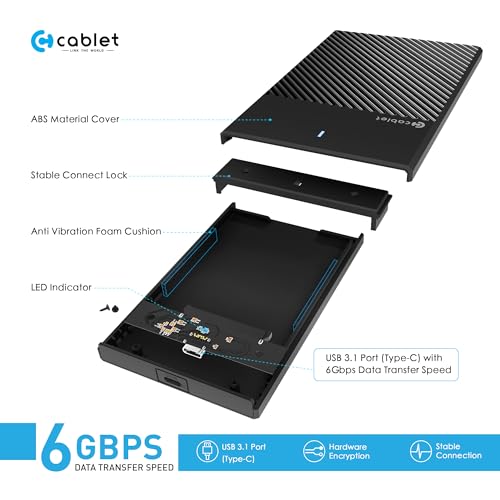 Image of Cablet 2.5 Inch SATA Type C 3.1 HDD /SSD 6GBPS Speed Portable External Enclosure, 7mm and 9.5mm, Tool-Free Design, Supports UASP Max 6TB (Type C)